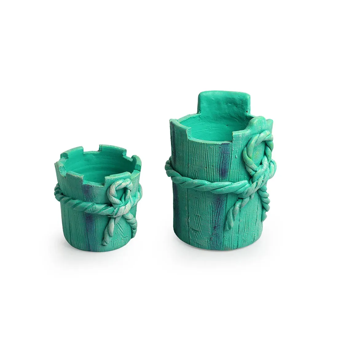 Wrapped Gift' Handmade & Hand-Painted Terracotta Table Planters Flower Pots (Set of 2, 14.7 & 8.9 cm, Blue)