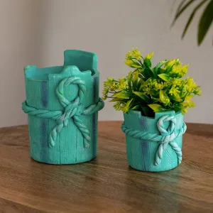 Wrapped Gift' Handmade & Hand-Painted Terracotta Table Planters Flower Pots (Set of 2, 14.7 & 8.9 cm, Blue)