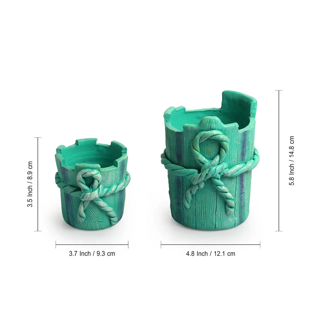 Wrapped Gift' Handmade & Hand-Painted Terracotta Table Planters Flower Pots (Set of 2, 14.7 & 8.9 cm, Blue)